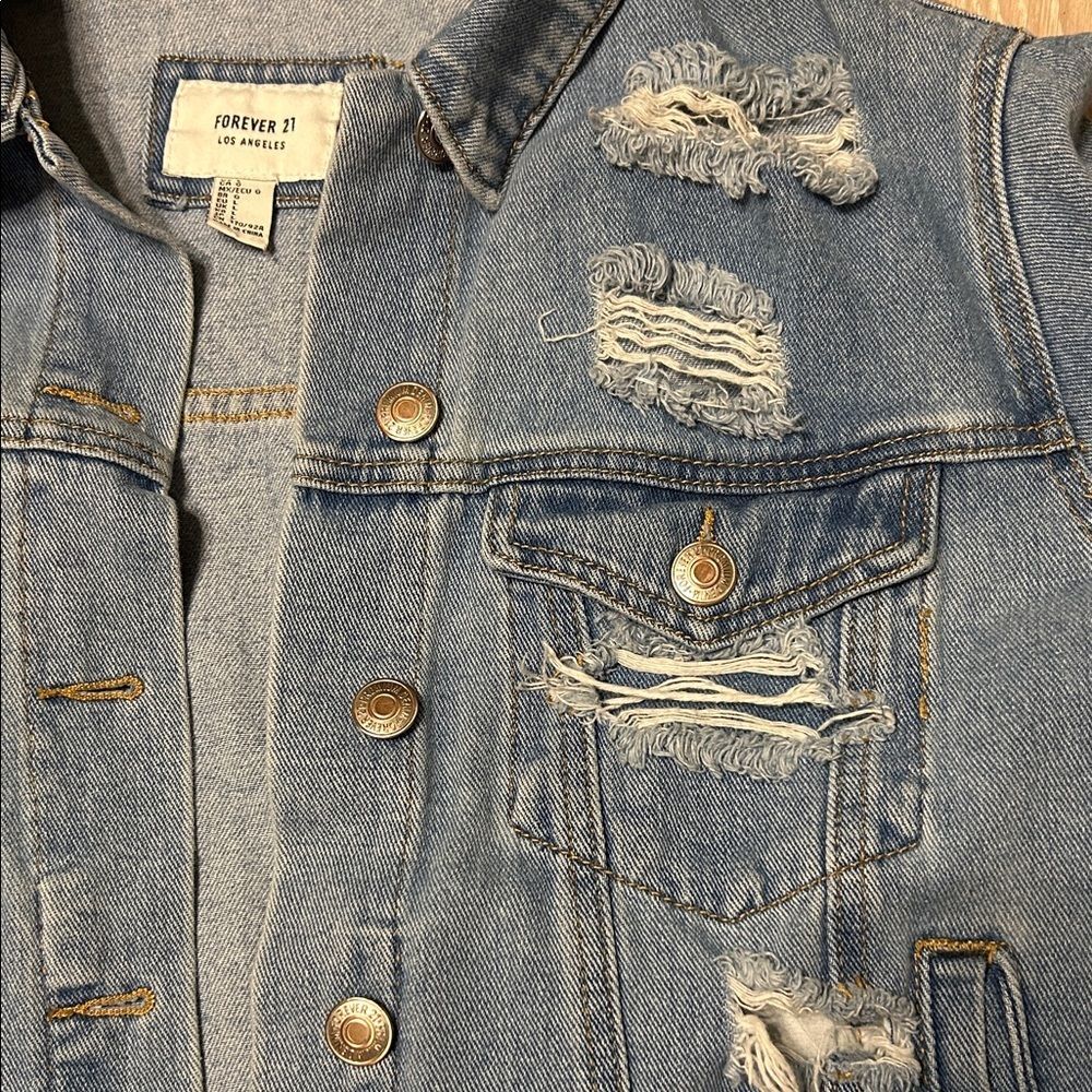 Forever 21 Distressed Denim Jacket Sz L - Picture 8 of 9